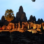 Bayon Temple at night with colorful lighting